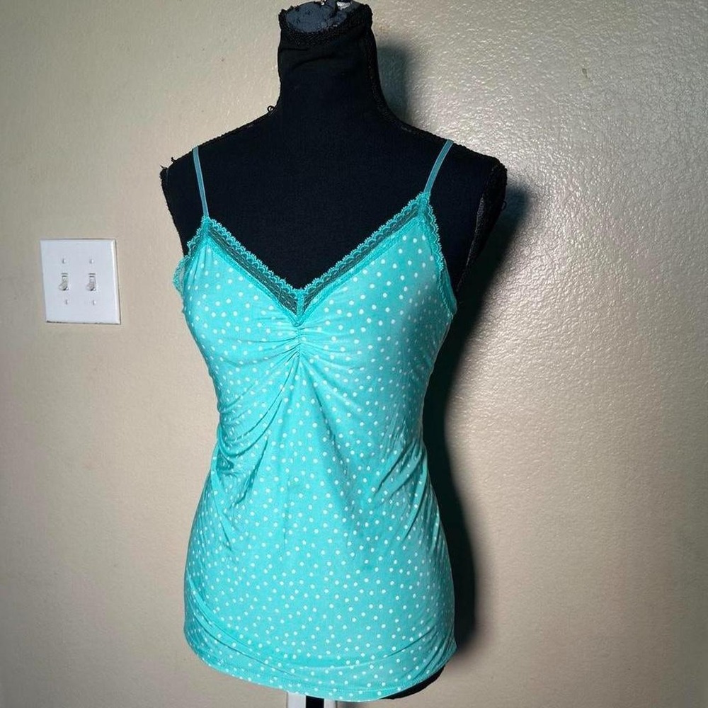 George Y2K Turquoise Polka Dot Ruched Cami Top Lace Trim Aqua Size M/L